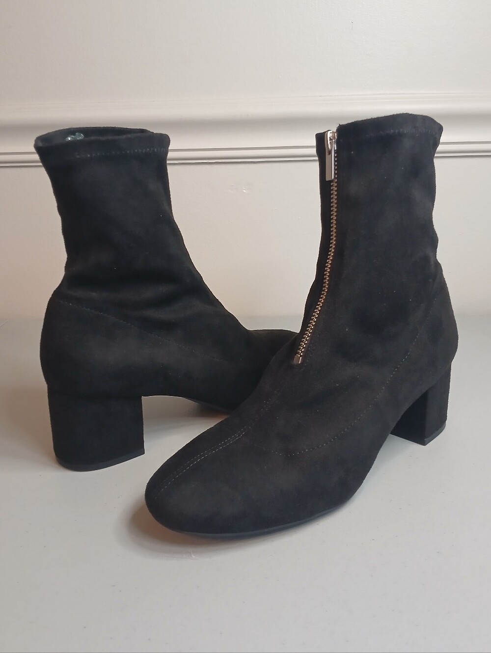Black Suede Front Zip Block Heel Ankle Boots 40 / US 8.5